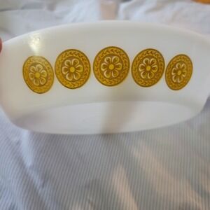 Vintage‎ Glasbake Divided Serving Dish Golden Flower Pattern Milk Glass